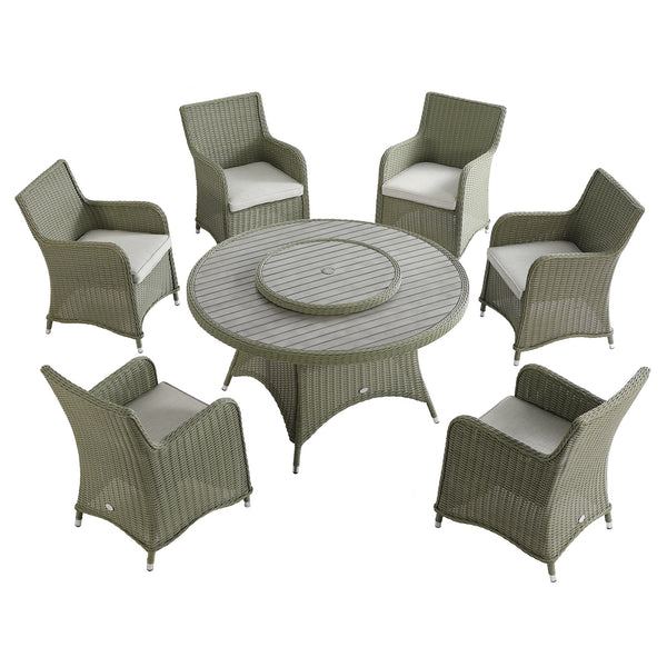Hampshire 6-Seater Round Wicker Rattan Dining Set with Lazy Susan & Ice Bucket, Desert Sage