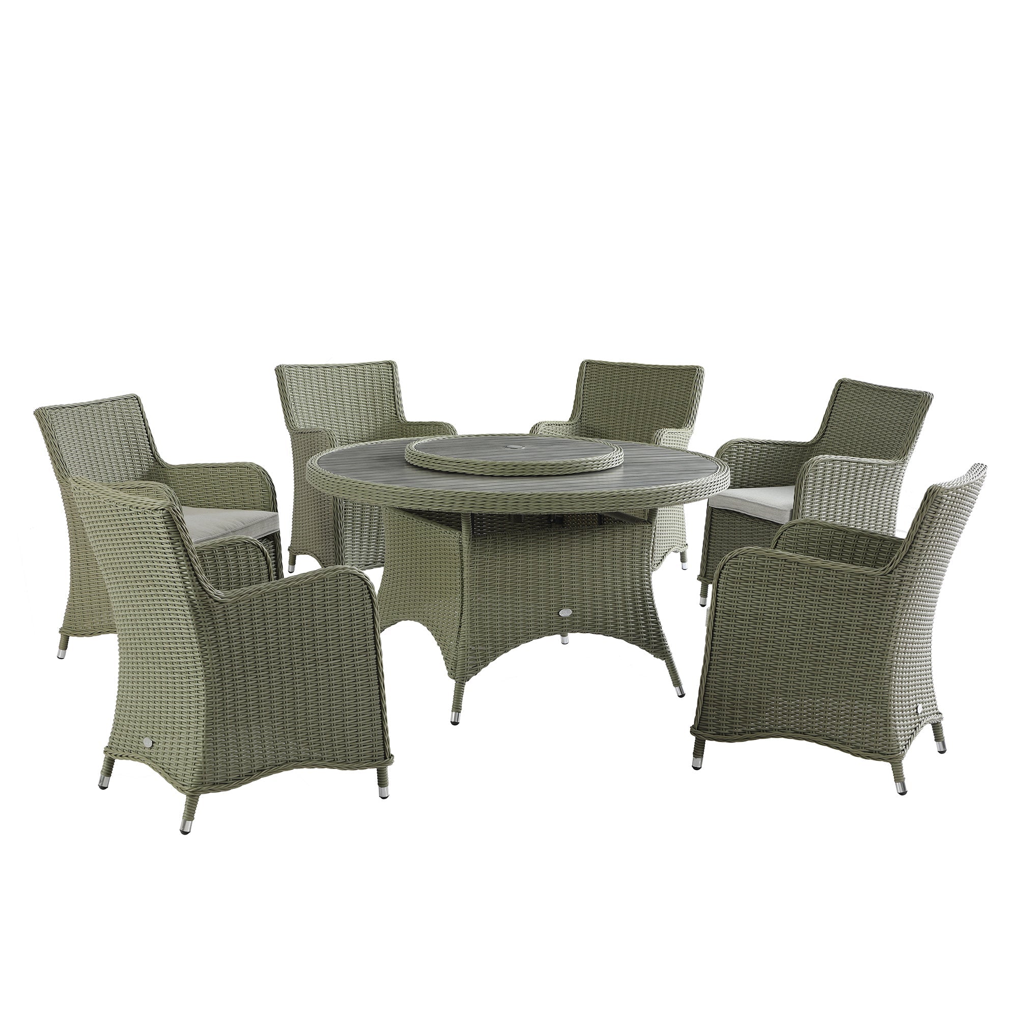 Hampshire 6-Seater Round Wicker Rattan Dining Set with Lazy Susan & Ice Bucket, Desert Sage