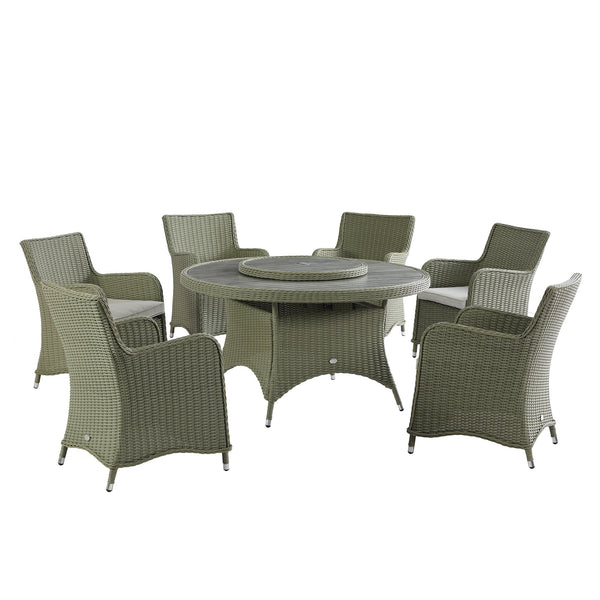 Hampshire 6-Seater Round Wicker Rattan Dining Set with Lazy Susan & Ice Bucket, Desert Sage