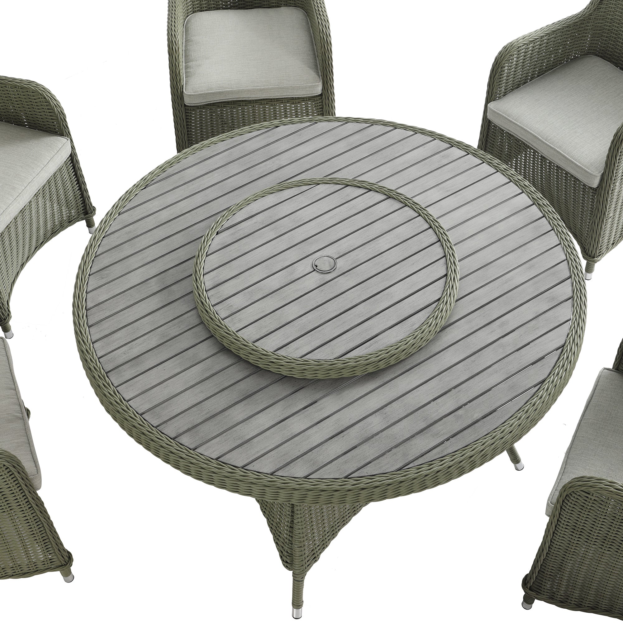 Hampshire 6-Seater Round Wicker Rattan Dining Set with Lazy Susan & Ice Bucket, Desert Sage