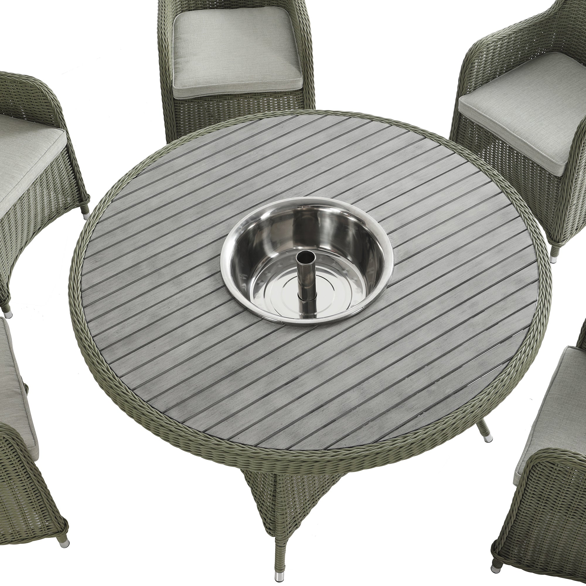 Hampshire 6-Seater Round Wicker Rattan Dining Set with Lazy Susan & Ice Bucket, Desert Sage