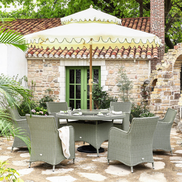 Hampshire 6-Seater Round Wicker Rattan Dining Set with Lazy Susan & Ice Bucket, Desert Sage
