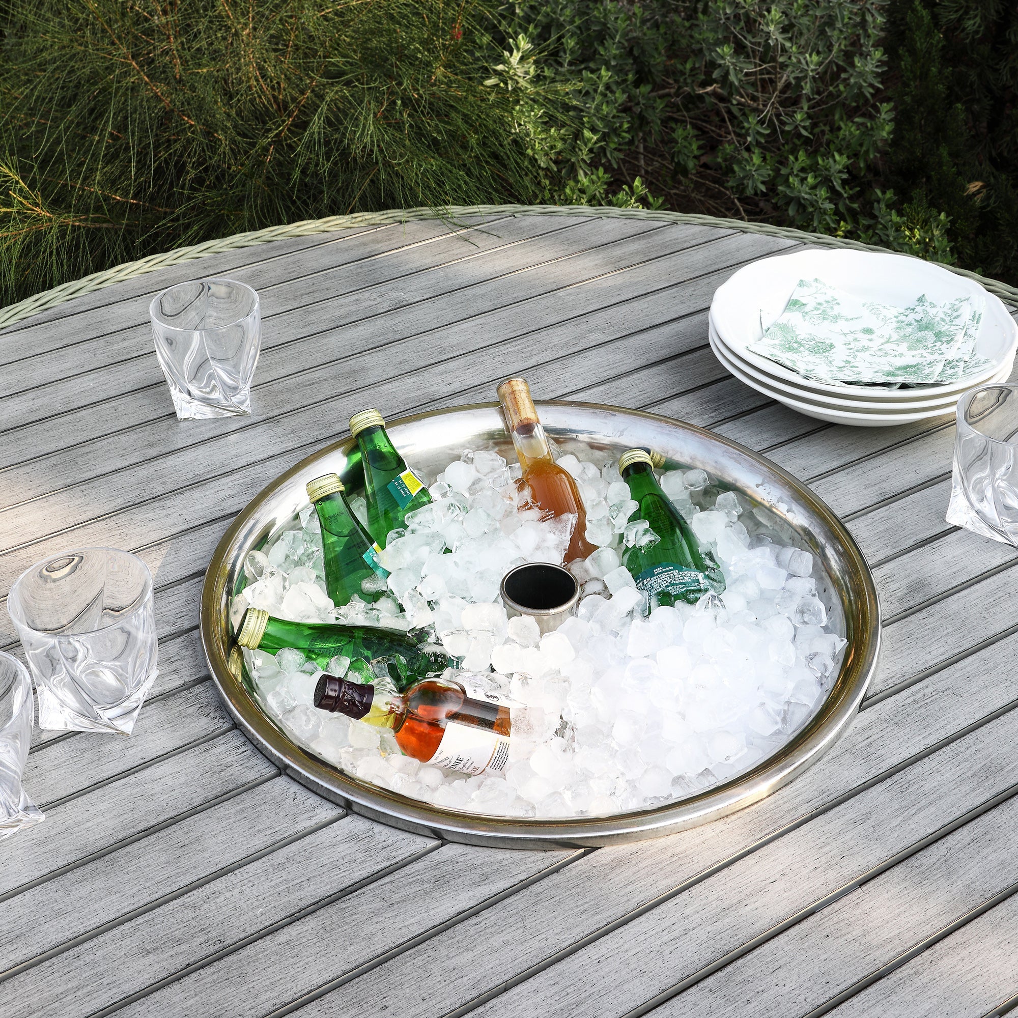 Hampshire 6-Seater Round Wicker Rattan Dining Set with Lazy Susan & Ice Bucket, Desert Sage