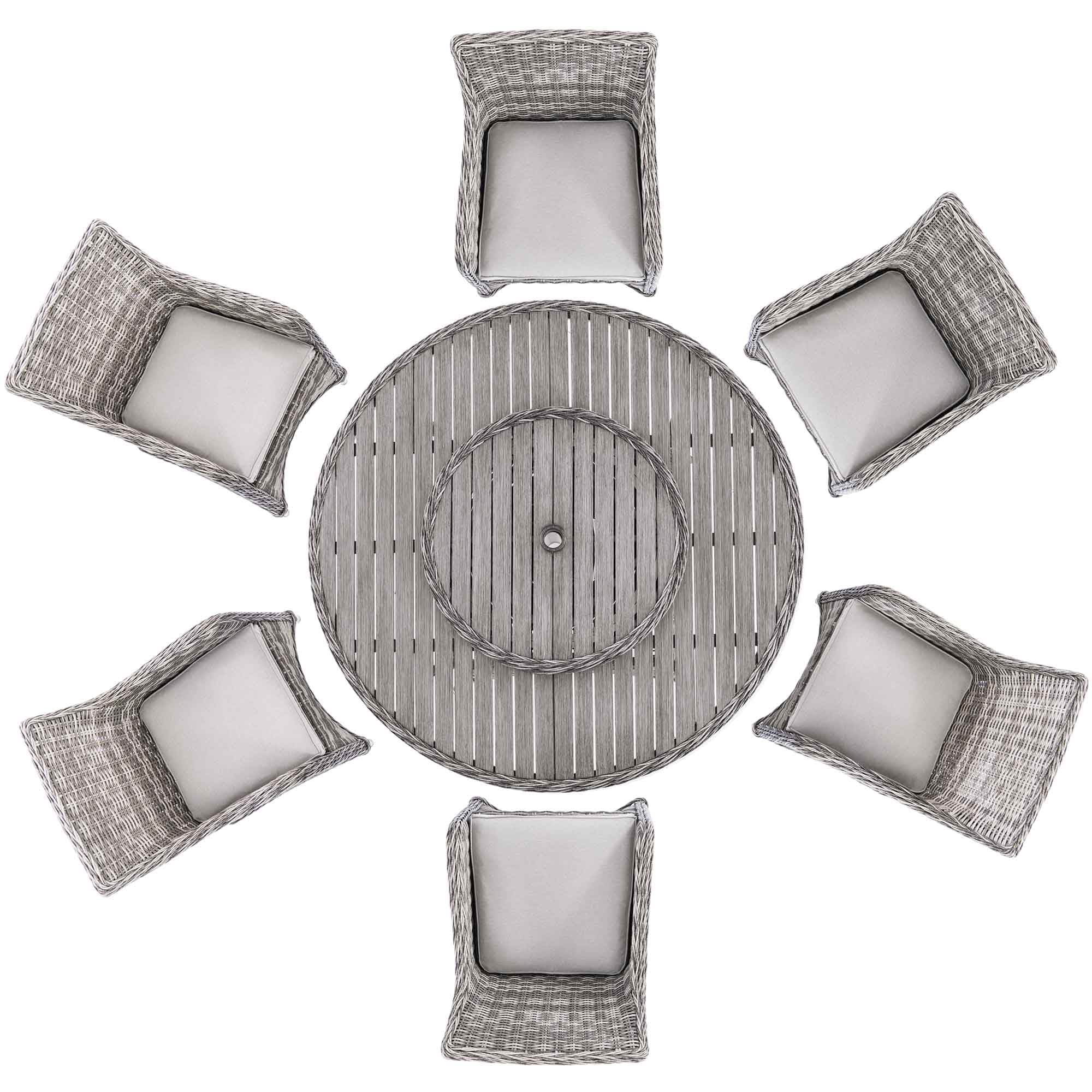 Hampshire 6-Seater Round Wicker Rattan Dining Set with Lazy Susan & Ice Bucket, Light Grey