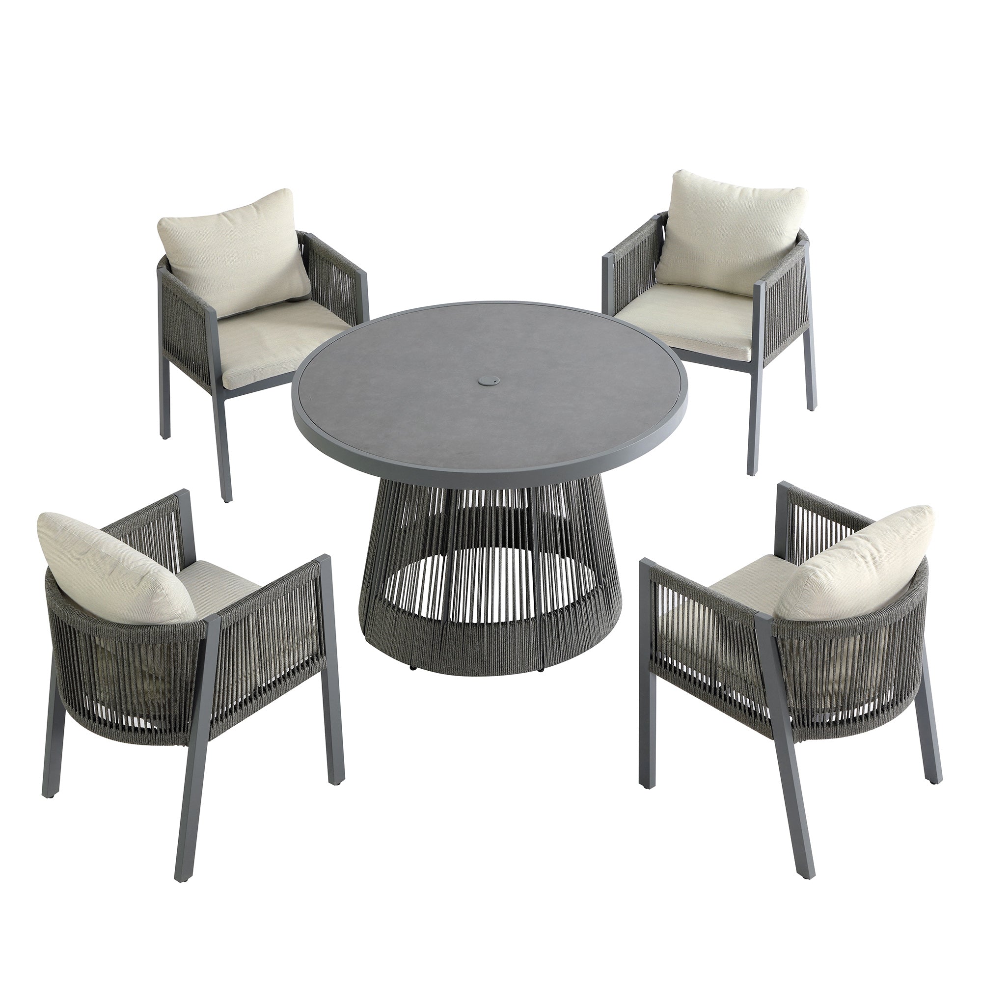 Pedra Rope and Aluminium Outdoor 4-Seater Round Dining Set, Grey