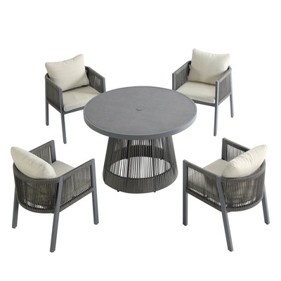 Pedra Rope and Aluminium Outdoor 4-Seater Round Dining Set, Grey