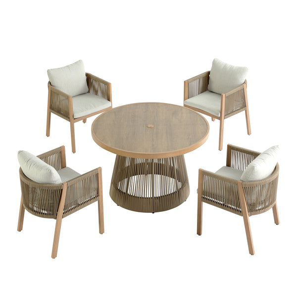 Pedra Rope and Aluminium Outdoor 4-Seater Round Dining Set, Natural