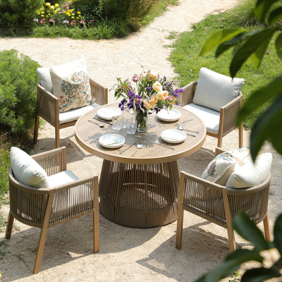 Pedra Rope and Aluminium Outdoor 4-Seater Round Dining Set, Natural