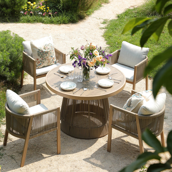 Pedra Rope and Aluminium Outdoor 4-Seater Round Dining Set, Natural
