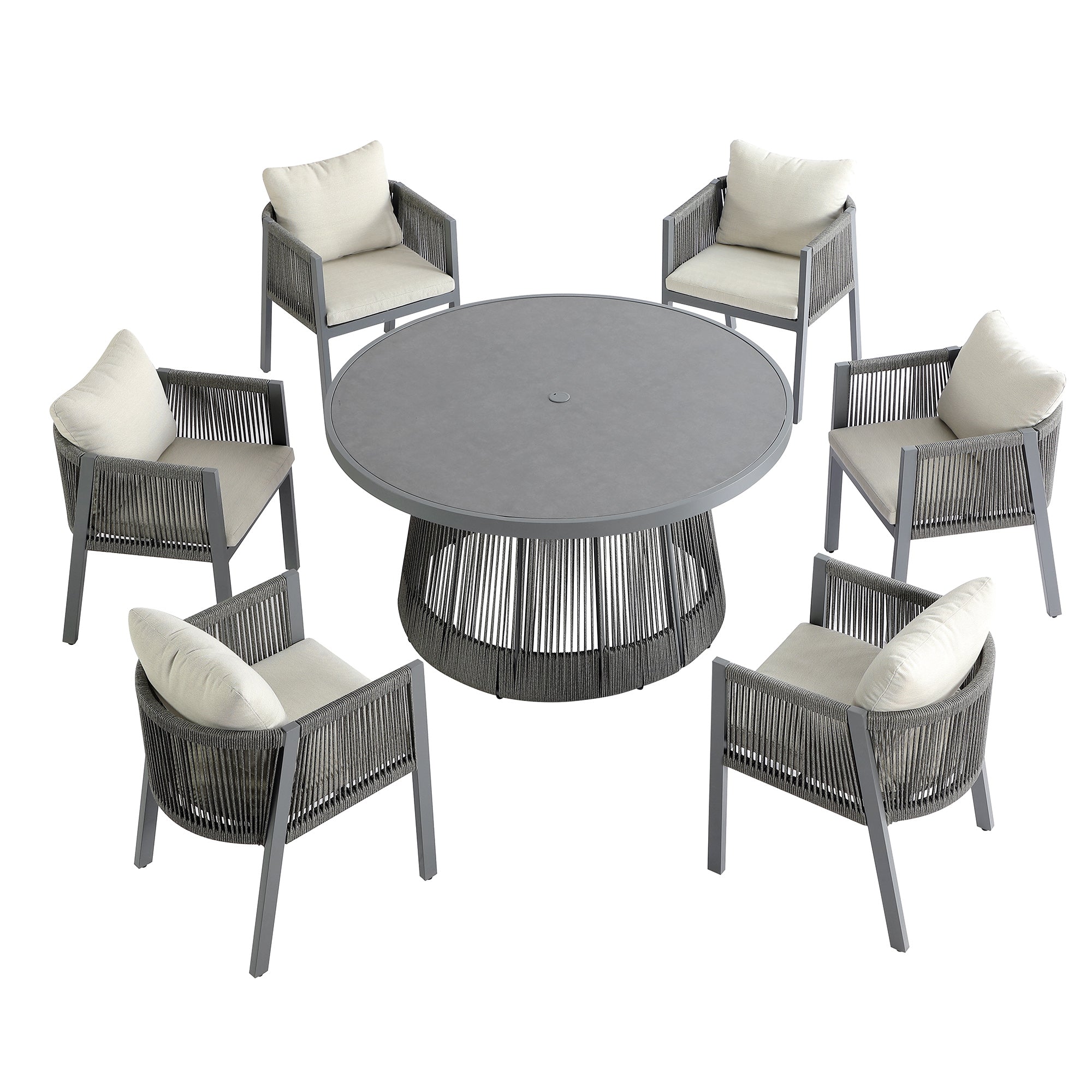 Pedra Rope and Aluminium Outdoor 6-Seater Round Dining Set, Grey