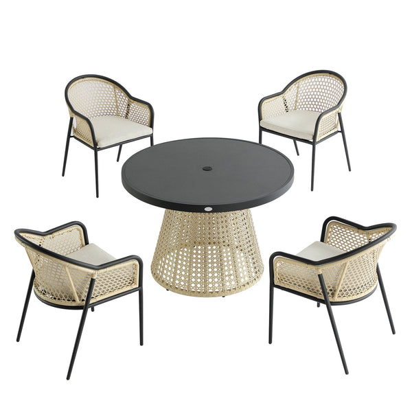Pienza Outdoor Rattan 4-Seater Round Dining Set, Oatmeal Fabric with Black Frame