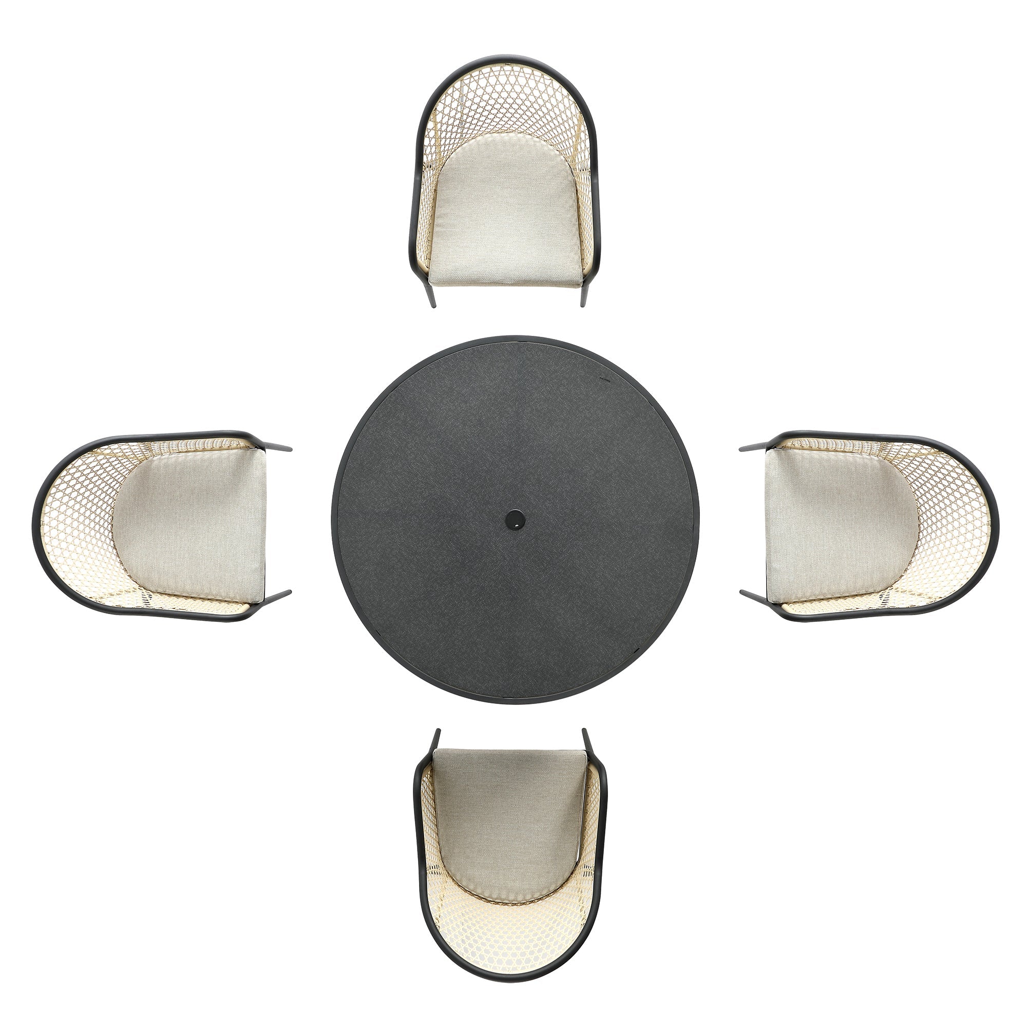 Pienza Outdoor Rattan 4-Seater Round Dining Set, Oatmeal Fabric with Black Frame