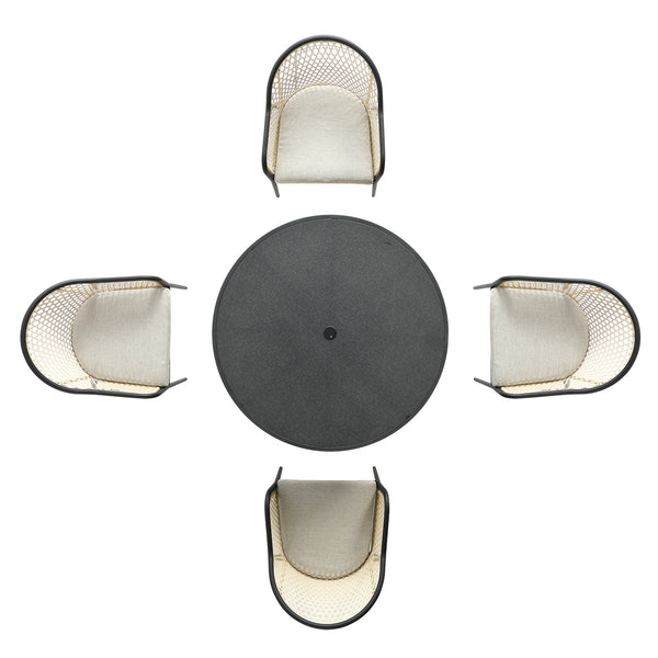 Pienza Outdoor Rattan 4-Seater Round Dining Set, Oatmeal Fabric with Black Frame