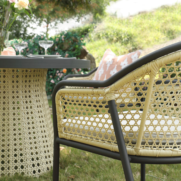 Pienza Outdoor Rattan 4-Seater Round Dining Set, Oatmeal Fabric with Black Frame