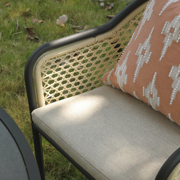 Pienza Outdoor Rattan 4-Seater Round Dining Set, Oatmeal Fabric with Black Frame