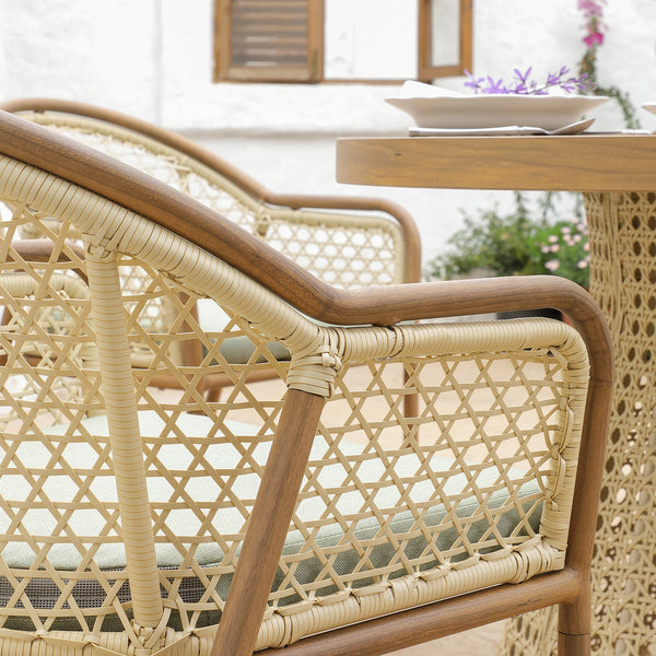 Pienza Outdoor Rattan 4-Seater Round Dining Set, Sage Green Fabric with Light Walnut Frame