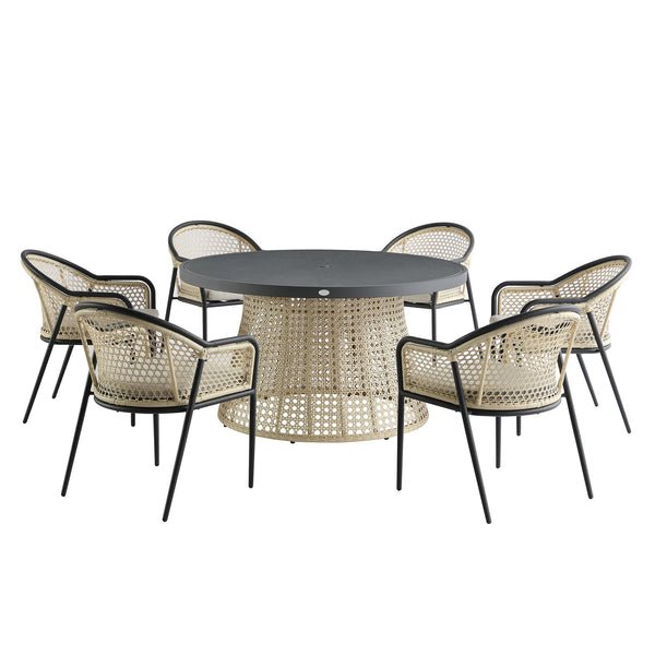 Pienza Outdoor Rattan 6-Seater Round Dining Set, Oatmeal Fabric with Black Frame