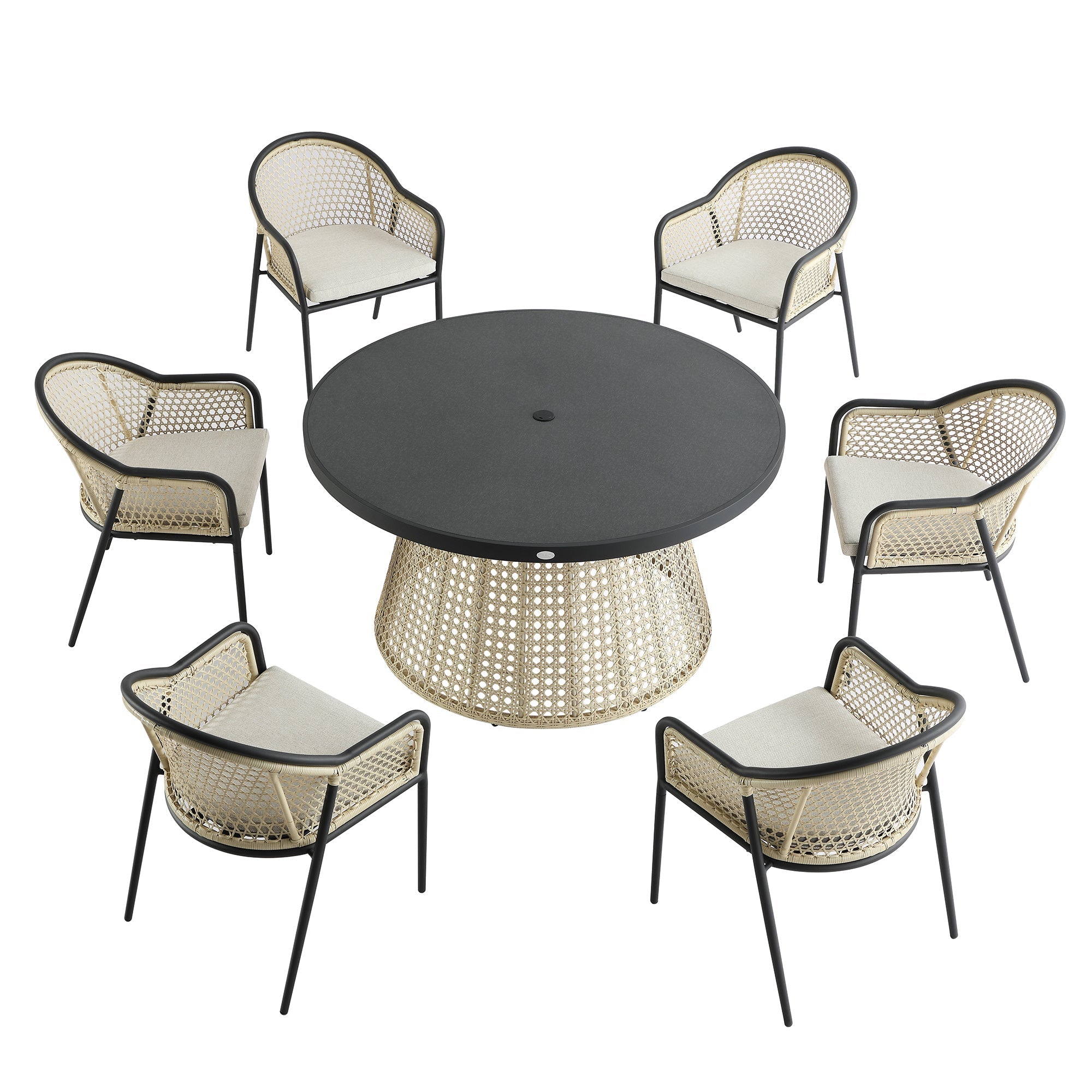Pienza Outdoor Rattan 6-Seater Round Dining Set, Oatmeal Fabric with Black Frame