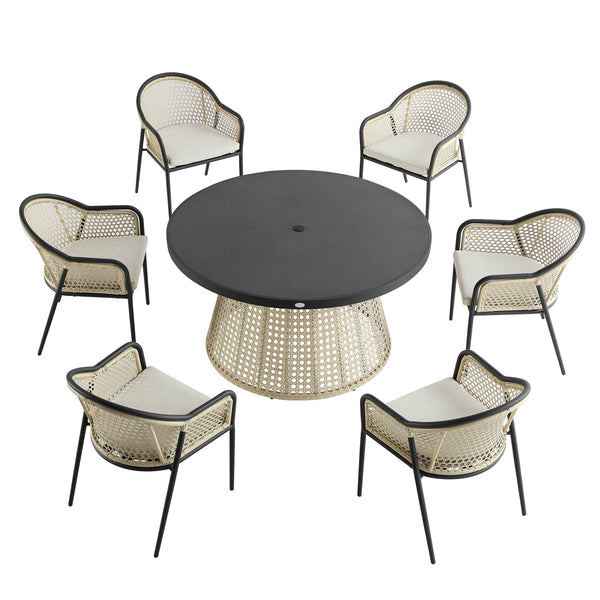Pienza Outdoor Rattan 6-Seater Round Dining Set, Oatmeal Fabric with Black Frame