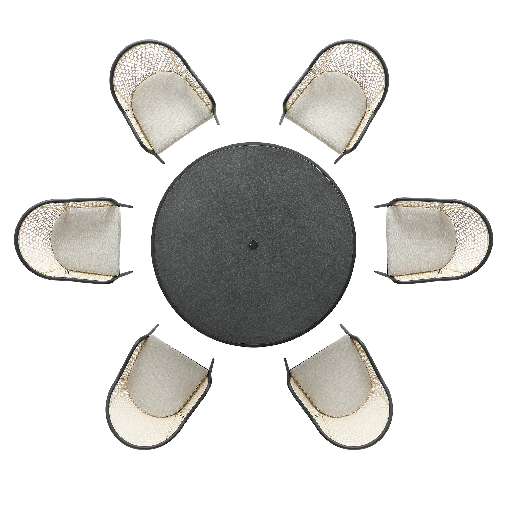 Pienza Outdoor Rattan 6-Seater Round Dining Set, Oatmeal Fabric with Black Frame