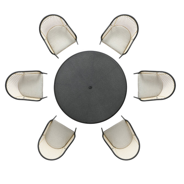 Pienza Outdoor Rattan 6-Seater Round Dining Set, Oatmeal Fabric with Black Frame