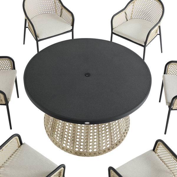 Pienza Outdoor Rattan 6-Seater Round Dining Set, Oatmeal Fabric with Black Frame