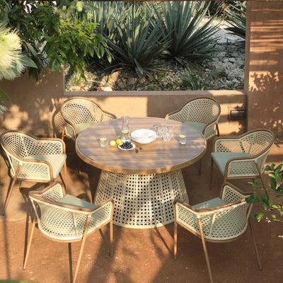 Pienza Outdoor Rattan 6-Seater Round Dining Set, Sage Green Fabric with Light Walnut Frame