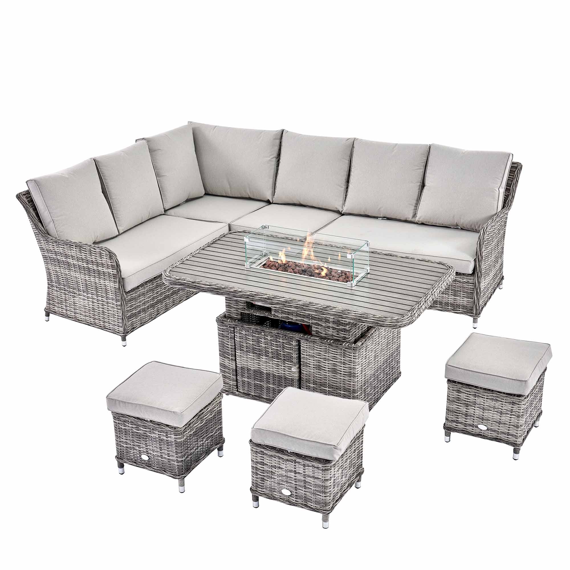 Hampshire Large Corner Round Wicker Rattan Casual Dining Set with Rising Firepit Table, Light Grey