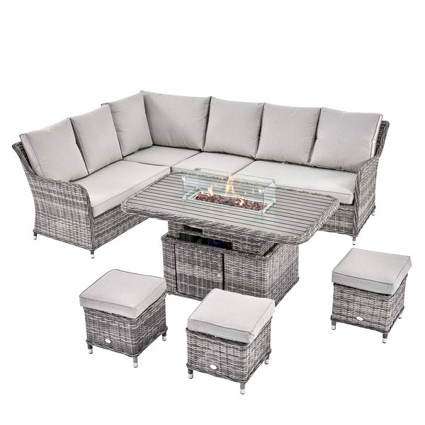 Hampshire Large Corner Round Wicker Rattan Casual Dining Set with Rising Firepit Table, Light Grey