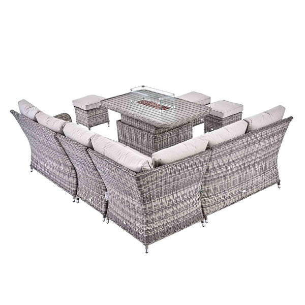 Hampshire Large Corner Round Wicker Rattan Casual Dining Set with Rising Firepit Table, Light Grey