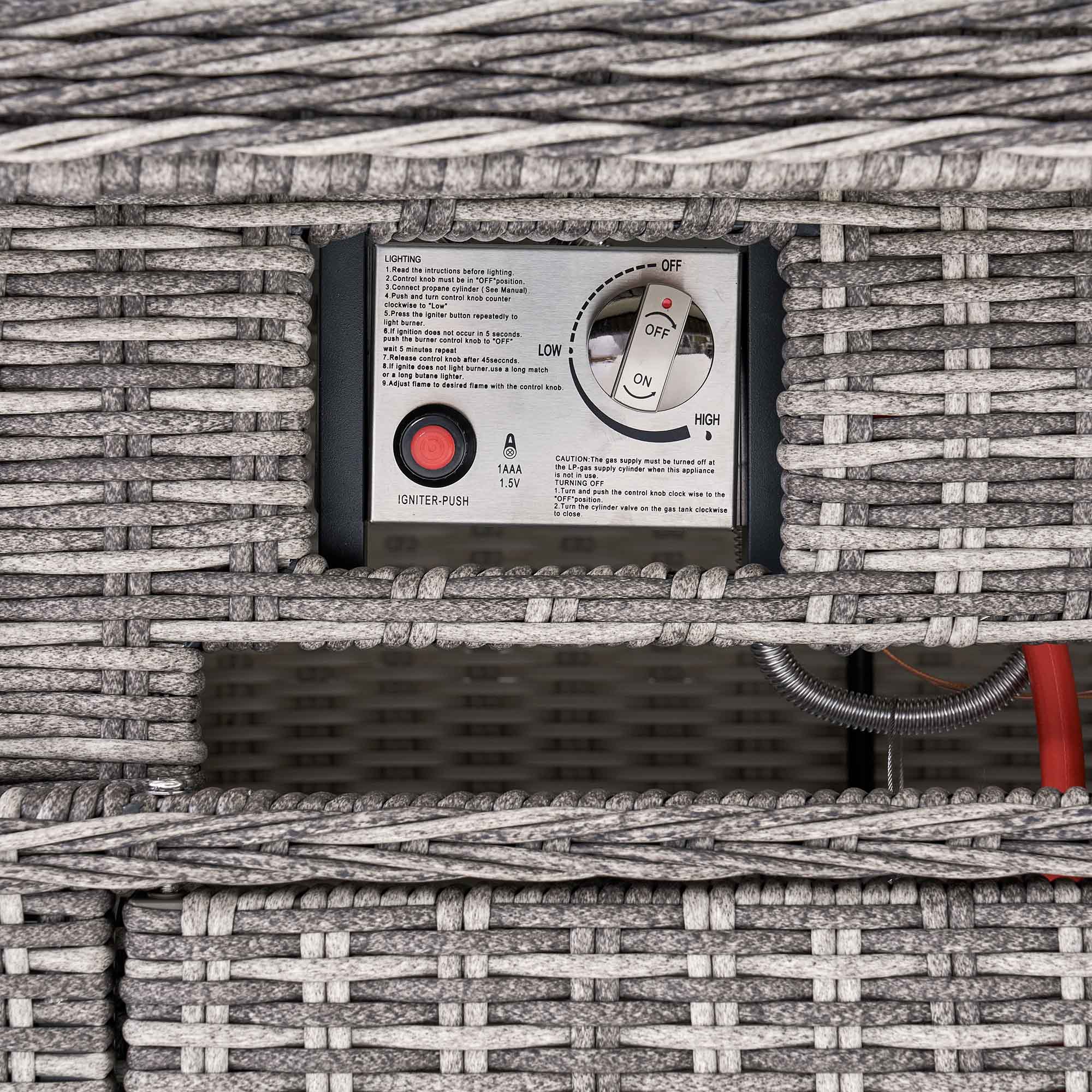 Hampshire Large Corner Round Wicker Rattan Casual Dining Set with Rising Firepit Table, Light Grey