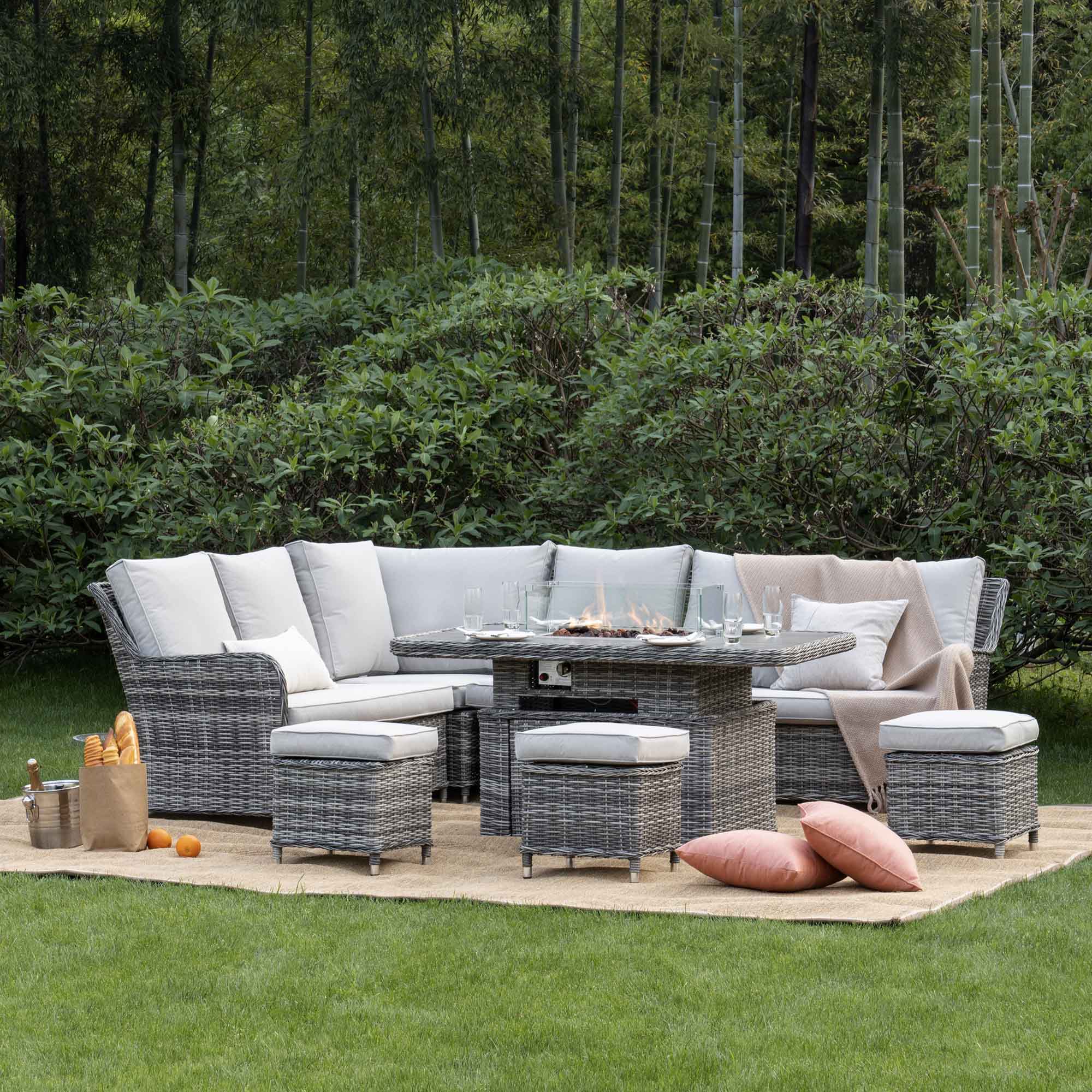 Hampshire Large Corner Round Wicker Rattan Casual Dining Set with Rising Firepit Table, Light Grey