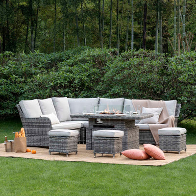 Hampshire Large Corner Round Wicker Rattan Casual Dining Set with Rising Firepit Table, Light Grey