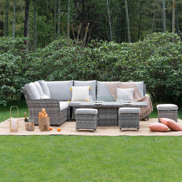 Hampshire Large Corner Round Wicker Rattan Casual Dining Set with Rising Firepit Table, Light Grey