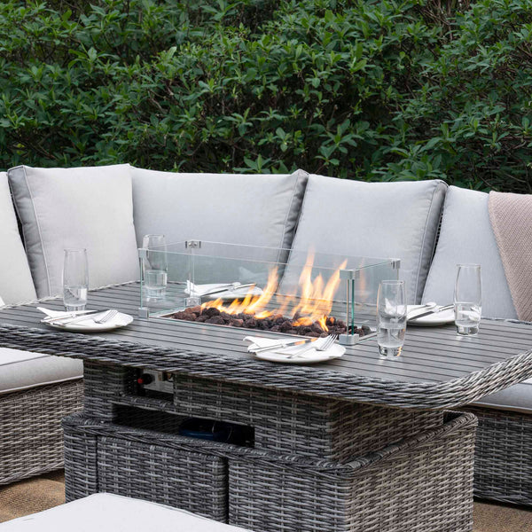 Hampshire Large Corner Round Wicker Rattan Casual Dining Set with Rising Firepit Table, Light Grey