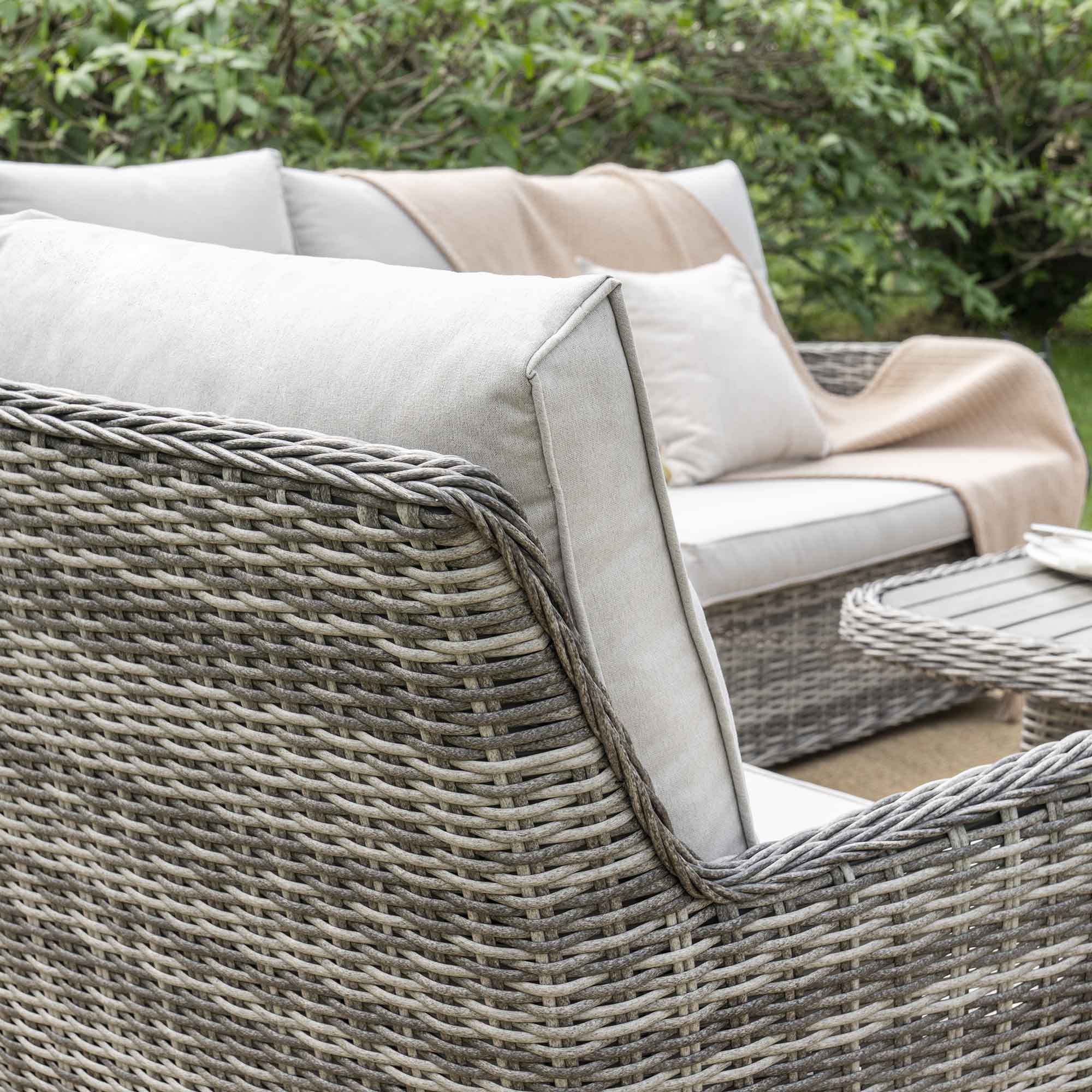 Hampshire Large Corner Round Wicker Rattan Casual Dining Set with Rising Firepit Table, Light Grey