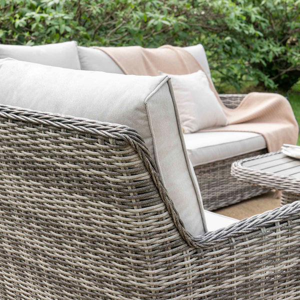 Hampshire Large Corner Round Wicker Rattan Casual Dining Set with Rising Firepit Table, Light Grey