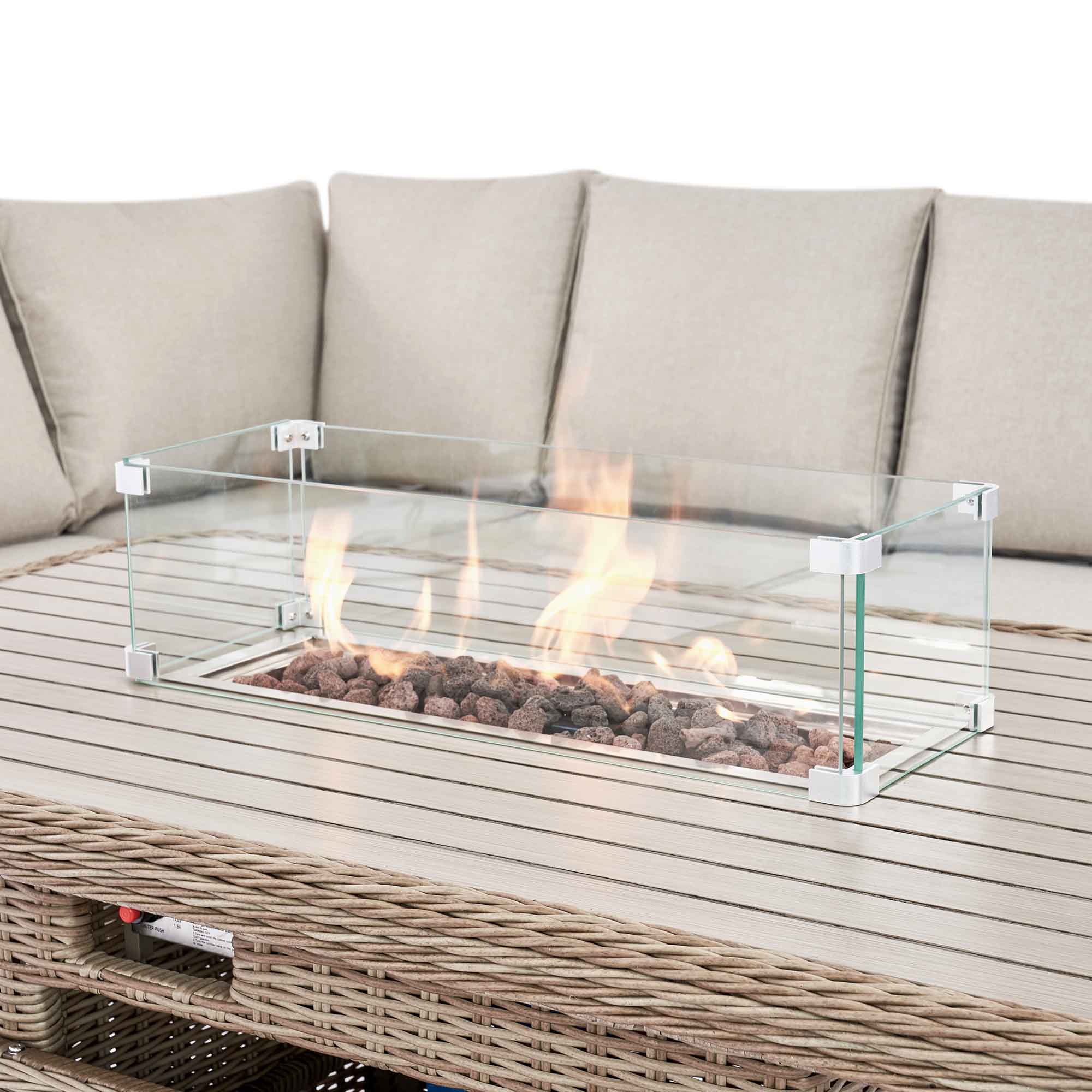 Hampshire Large Corner Round Wicker Rattan Casual Dining Set with Rising Firepit Table, Natural