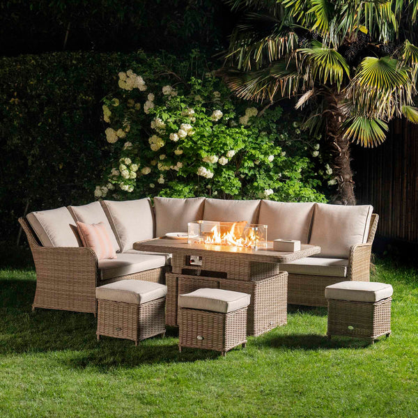 Hampshire Large Corner Round Wicker Rattan Casual Dining Set with Rising Firepit Table, Natural