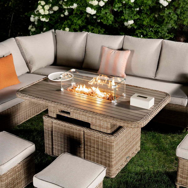 Hampshire Large Corner Round Wicker Rattan Casual Dining Set with Rising Firepit Table, Natural
