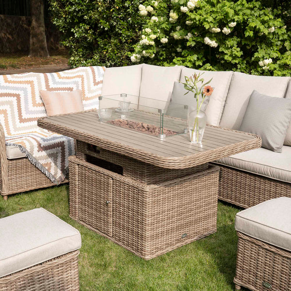 Hampshire Large Corner Round Wicker Rattan Casual Dining Set with Rising Firepit Table, Natural