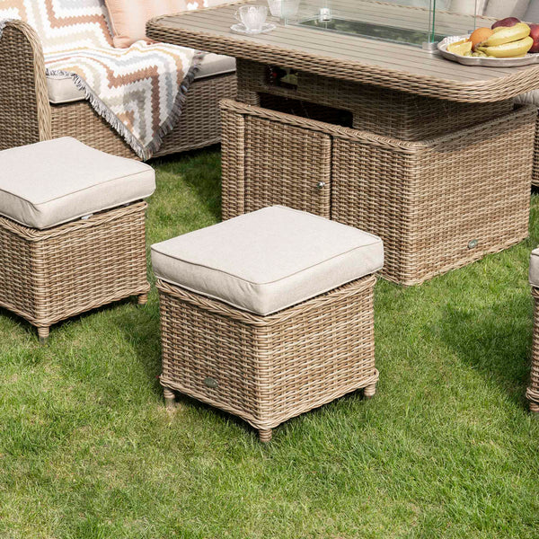Hampshire Large Corner Round Wicker Rattan Casual Dining Set with Rising Firepit Table, Natural