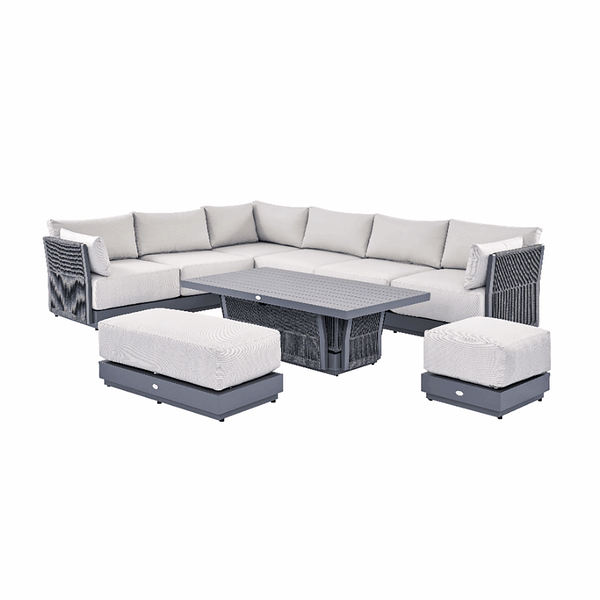 Pedra Rope and Aluminium Large Corner Casual Dining Set with Rising Table, Grey