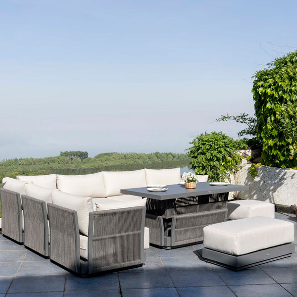 Pedra Rope and Aluminium Large Corner Casual Dining Set with Rising Table, Grey