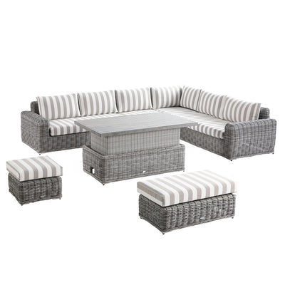 Bellagio Round Wicker Large Corner Casual Dining Set with Rising Table, Light Grey with Taupe Stripes