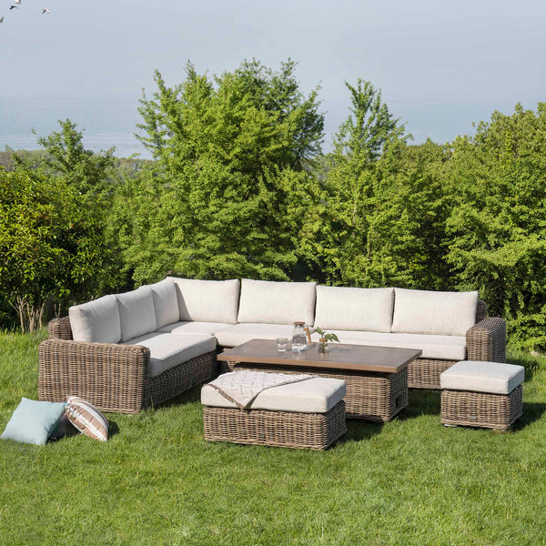 Bellagio Round Wicker Large Corner Casual Dining Set with Rising Table, Natural