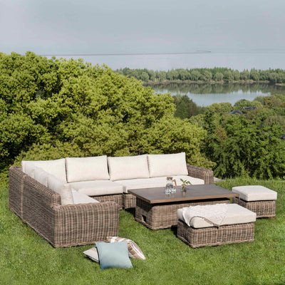 Bellagio Round Wicker Large Corner Casual Dining Set with Rising Table, Natural