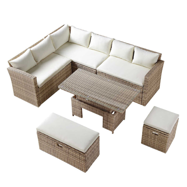 Granchester Rattan Rectangular Corner Dining Sofa Set with Rising Table, Natural