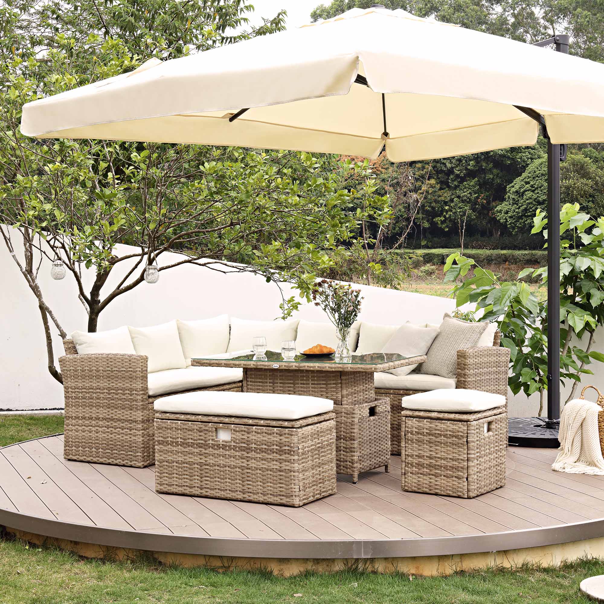 Granchester Rattan Rectangular Corner Dining Sofa Set with Rising Table, Natural
