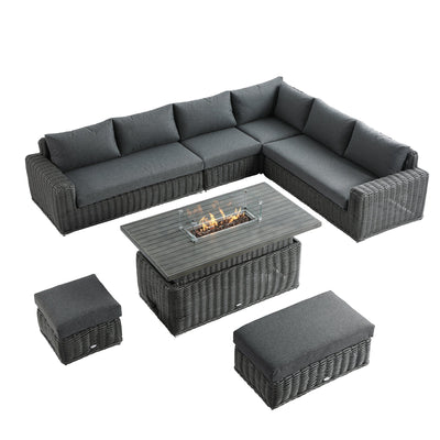 Bellagio Round Wicker Large Corner Casual Dining Set with Rising Firepit Table, Dark Grey